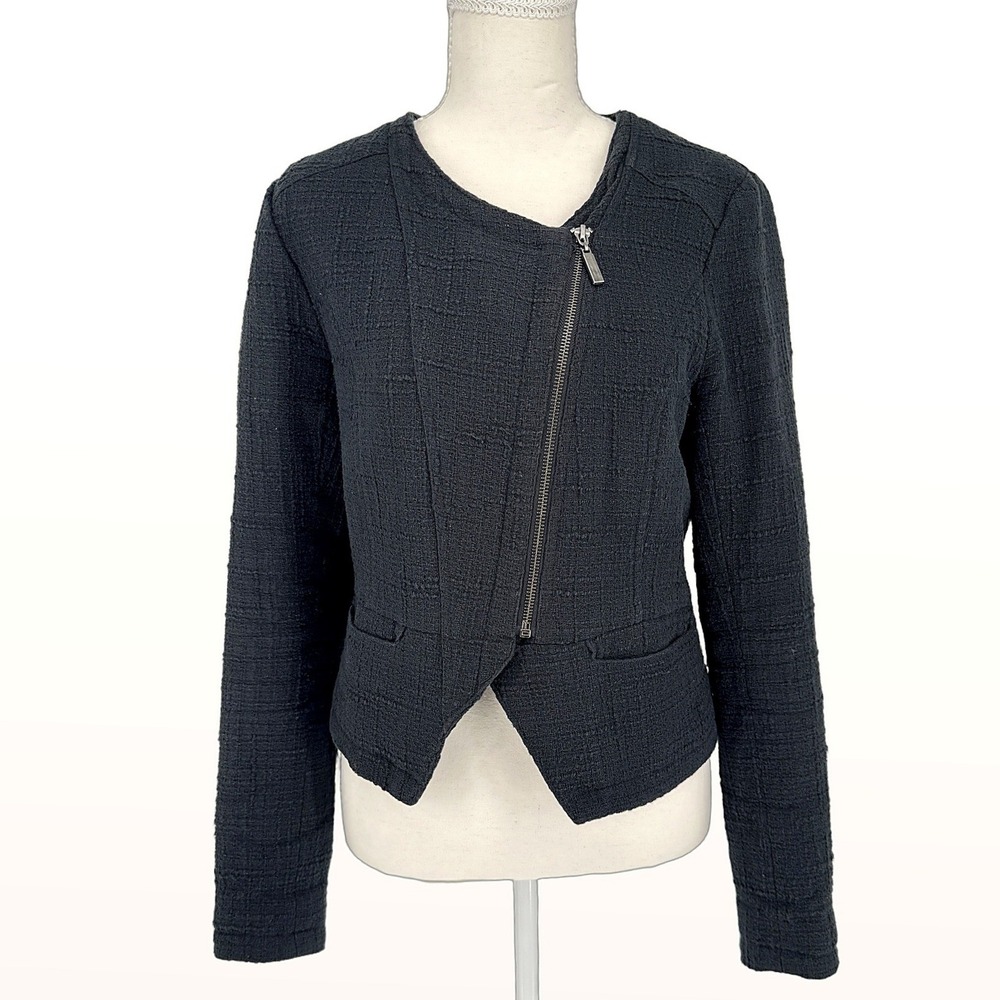 Mossimo Moto Jacket Sz M Black Cotton Textured Asymmetric Zip Dark Academia Chic